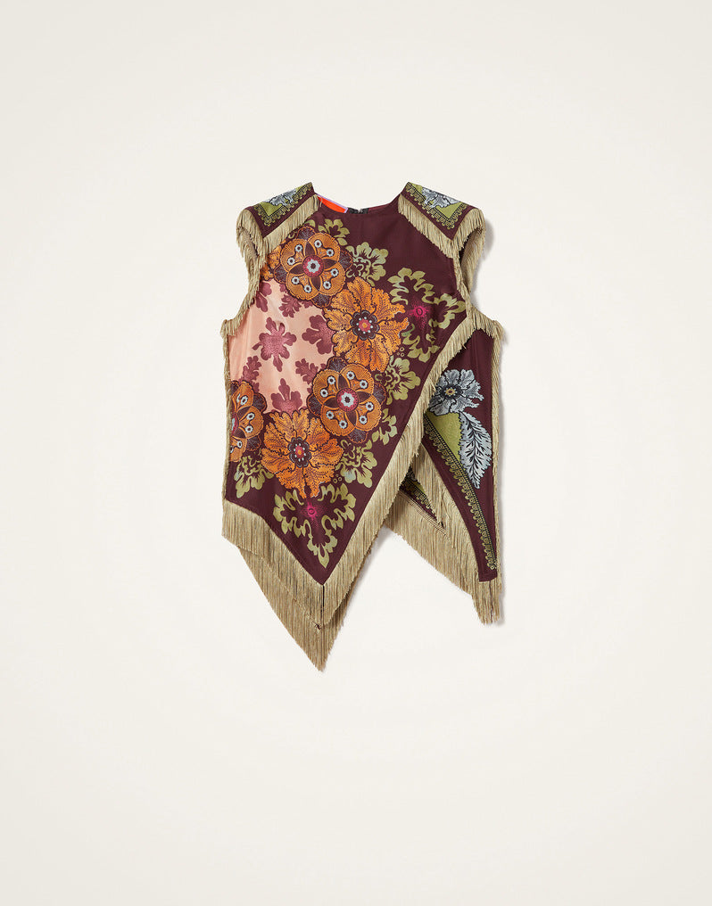 Bohemian Floral Print Fringe-Trimmed Asymmetrical Sleeveless Blouse