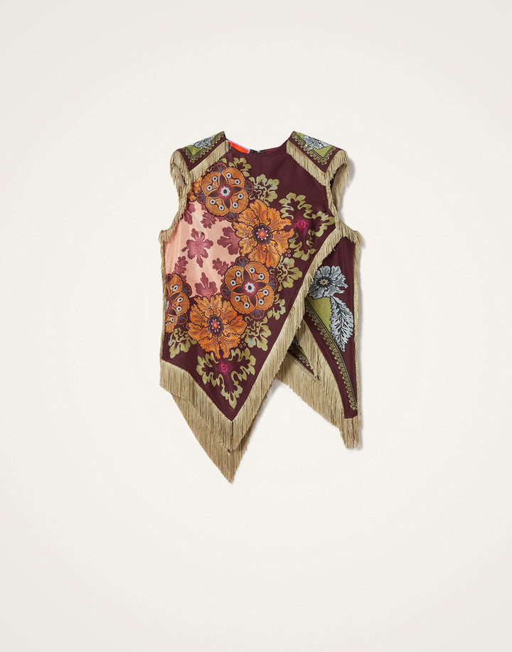 Bohemian Floral Print Fringe-Trimmed Asymmetrical Sleeveless Blouse