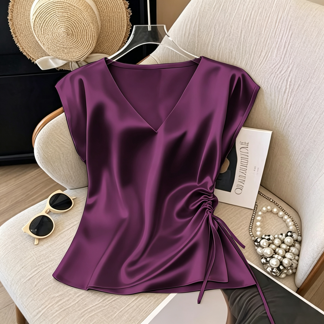 Satin V Neck Cap Sleeve Drawstring Top