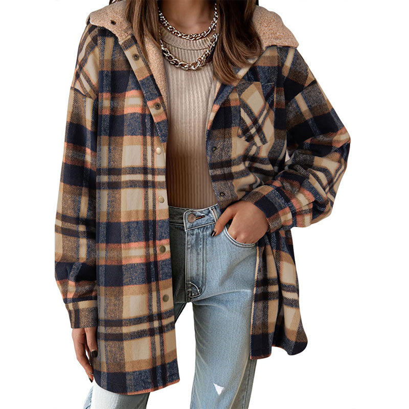 Fleece-lined plaid warm jacket