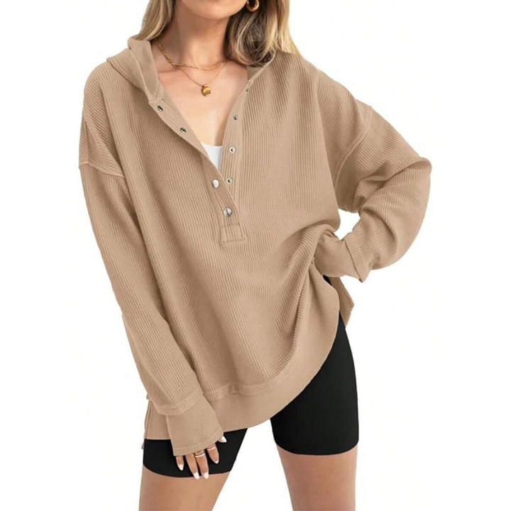 Drop Shoulder Loose Fit Henley Waffle Hoodie Top