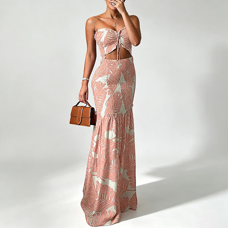 Strapless multi-colored printed pleated maxi dress