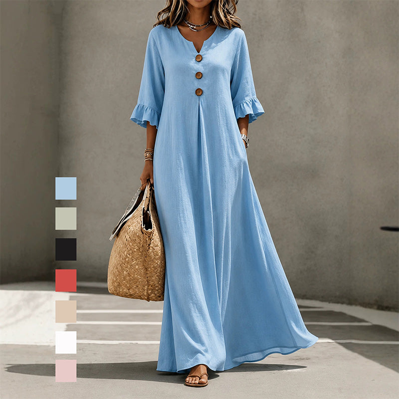 Solid color V-neck loose-fitting maxi dress