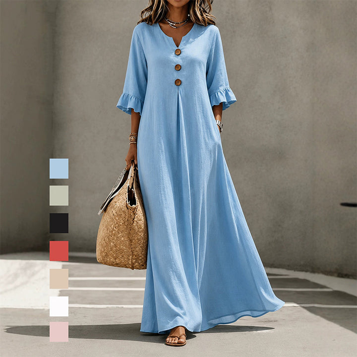 Solid color V-neck loose-fitting maxi dress