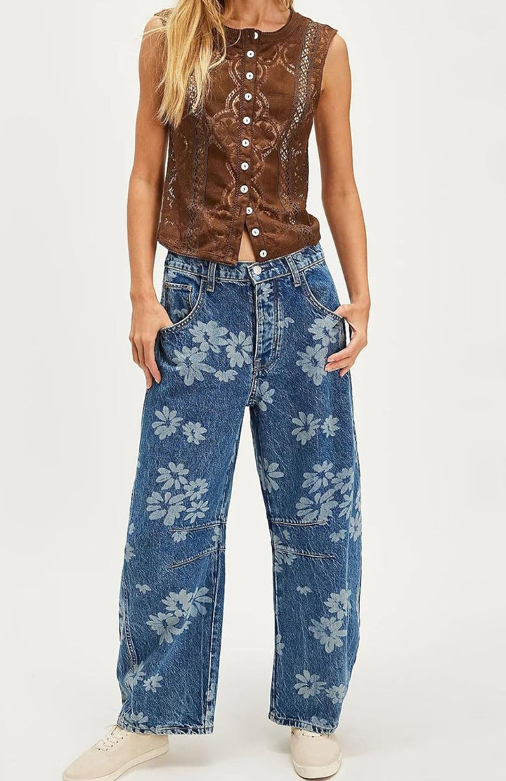 Women Y2k Distressed Barrel Jeans Baggy Wide Leg Jeans Floral Printed Boyfriend Patchwork Denim Pants
