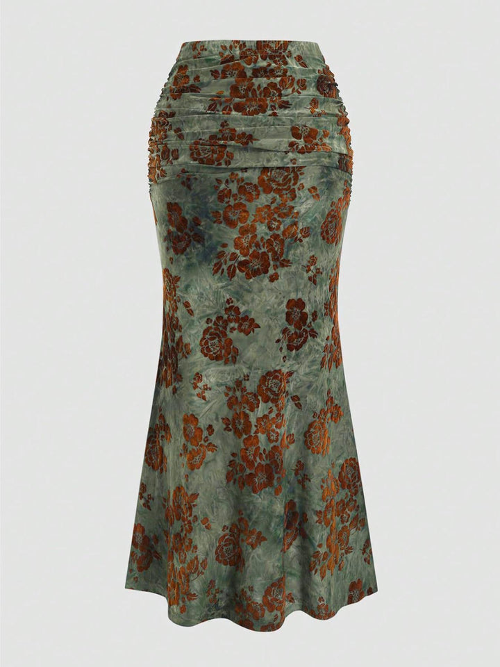 Floral Halter Top Ruched Midi Skirt Two-Piece Set