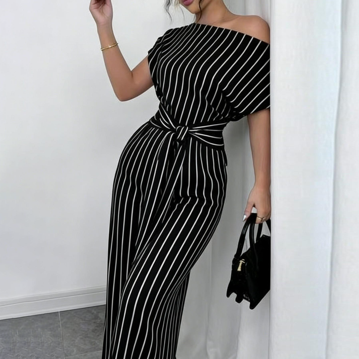 Off Shoulder Belted Wide Leg Jumpsuit
