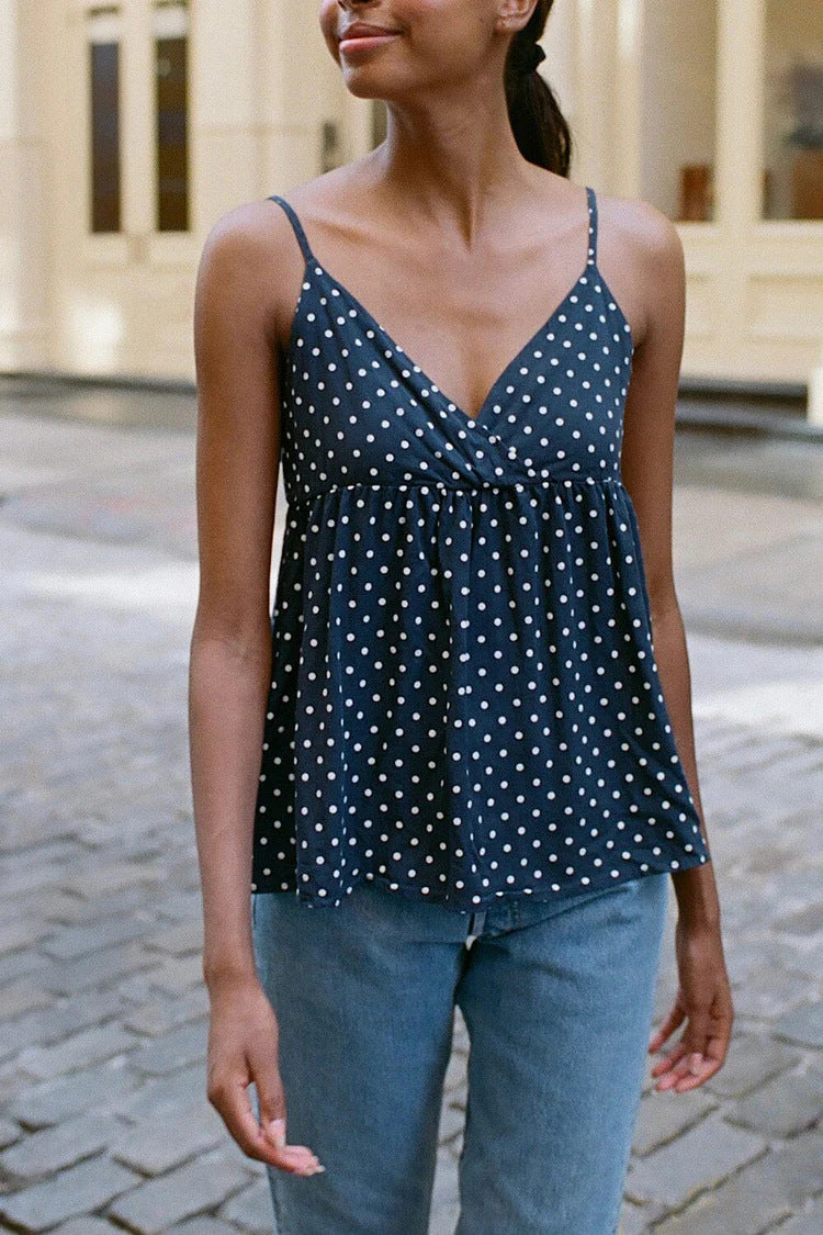 Polka Dot Deep V Babydoll Cami Top | Cream &amp;amp; Black Y2K Sweetheart Peplum Blouse