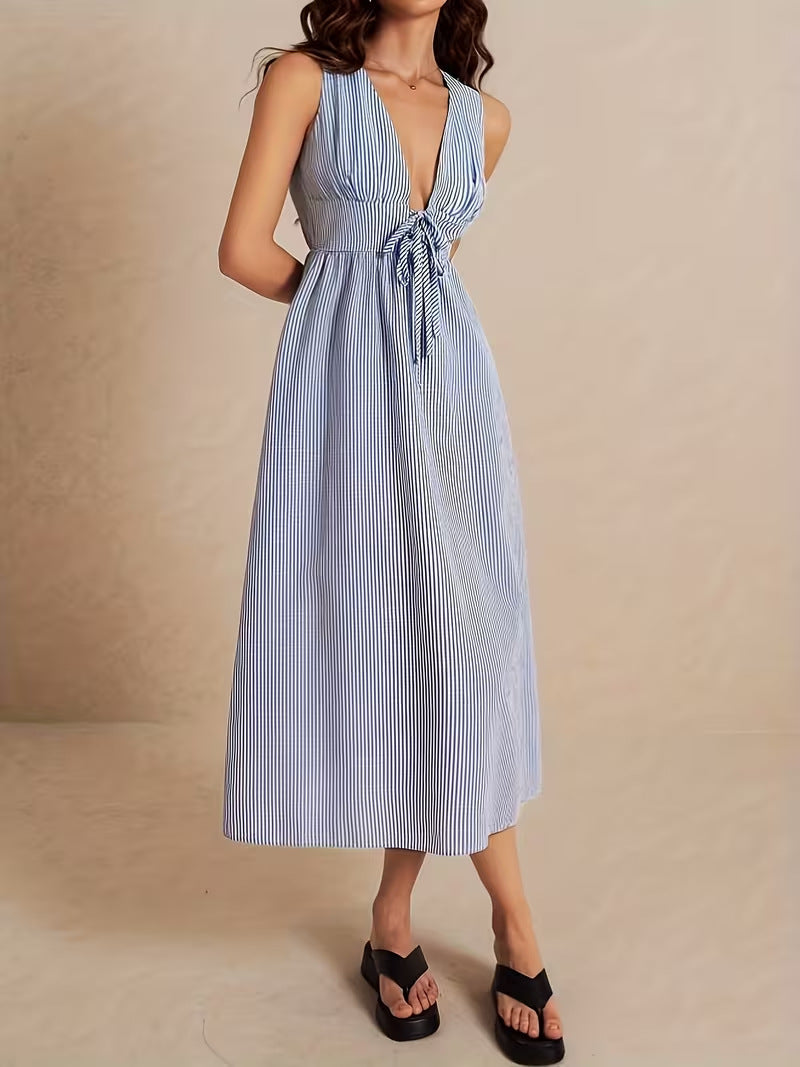 Striped Sleeveless V-Neck Midi Dress with Tie Front, Casual Summer A-Line Dress for Women