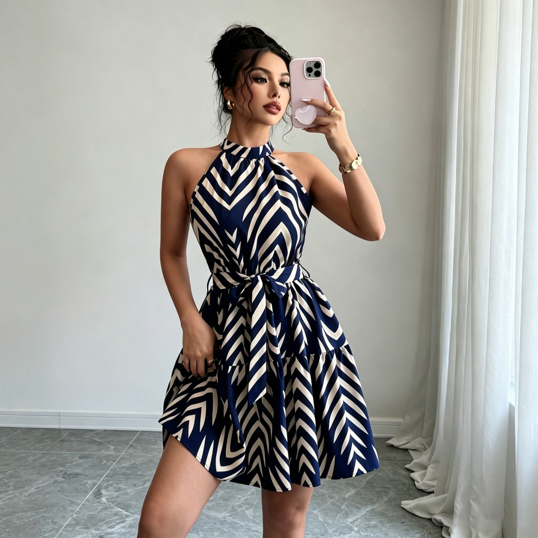 Halter Neck Tie Waist Swing Mini Dress