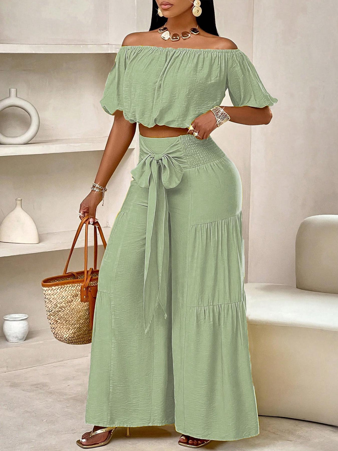 Off-Shoulder Puff Sleeve Crop Top &amp;amp; Tie-Waist Tiered Wide Leg Pants Two-Piece Set