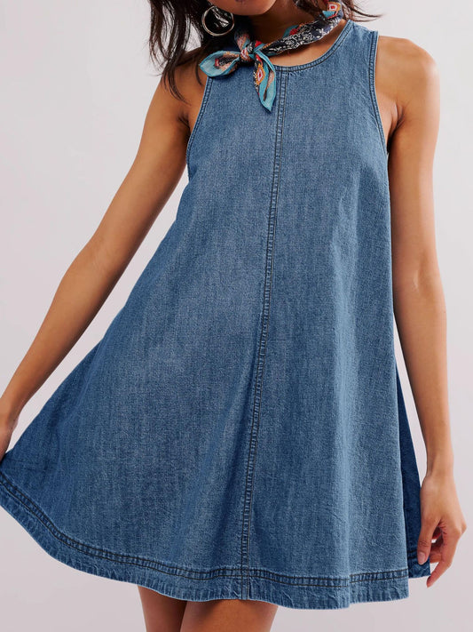 Backless Denim Mini Babydoll Dress with Pockets