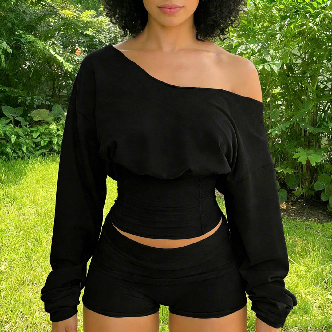 Off Shoulder Long Sleeve Crop Top Fold-Over Shorts Two-Piece Set