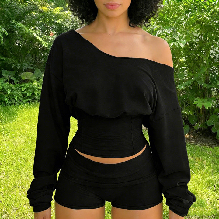 Off Shoulder Long Sleeve Crop Top Fold-Over Shorts Two-Piece Set