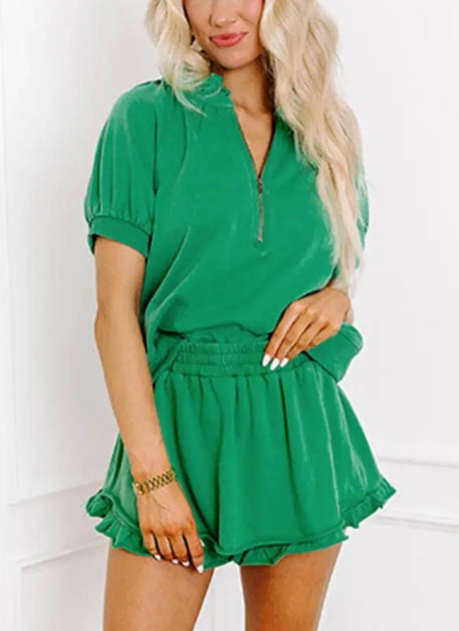 Women 2 Piece Lounge Sets Casual Short Sleeve Outfits Half Zip Puff Sleeve Top and Ruffled Shorts Set