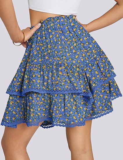 Floral Tiered Ruffle Mini Skirt with Lace Trim