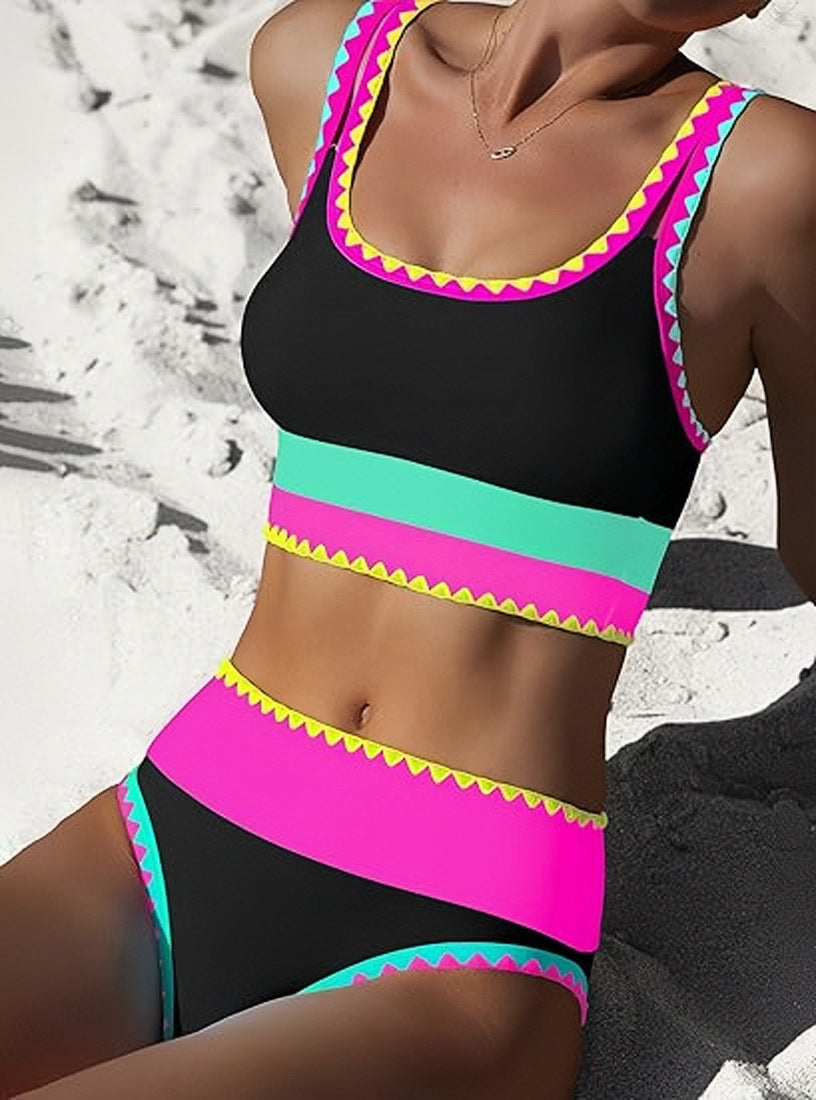 Neon Trim 3-Piece Tankini Swim Set with Skirt