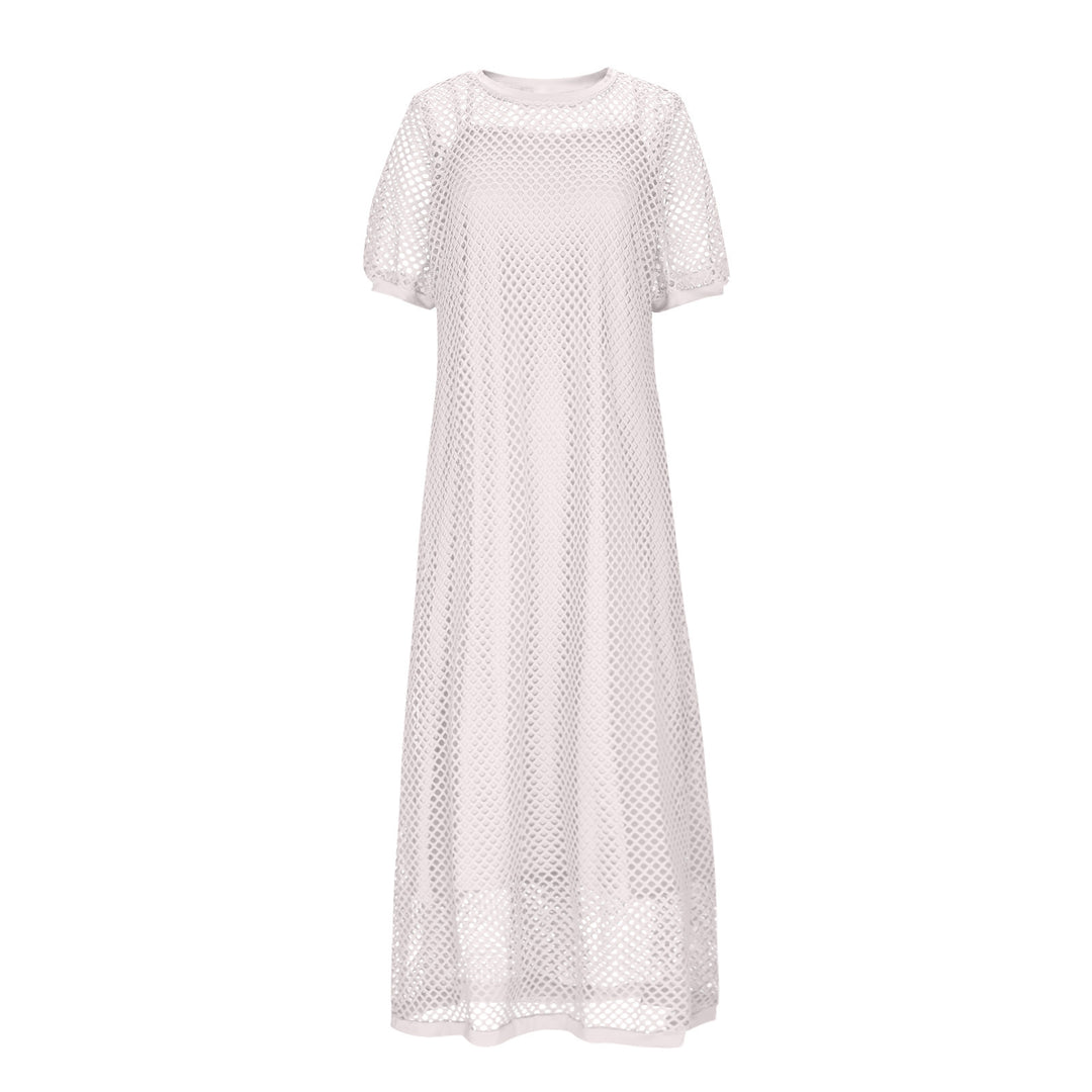 White Hollow Out Open Knit Short Sleeve Round Neck Maxi Cover Up Dress