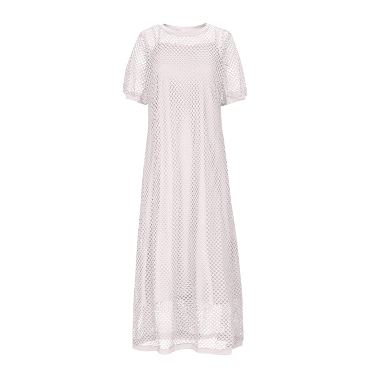 White Hollow Out Open Knit Short Sleeve Round Neck Maxi Cover Up Dress