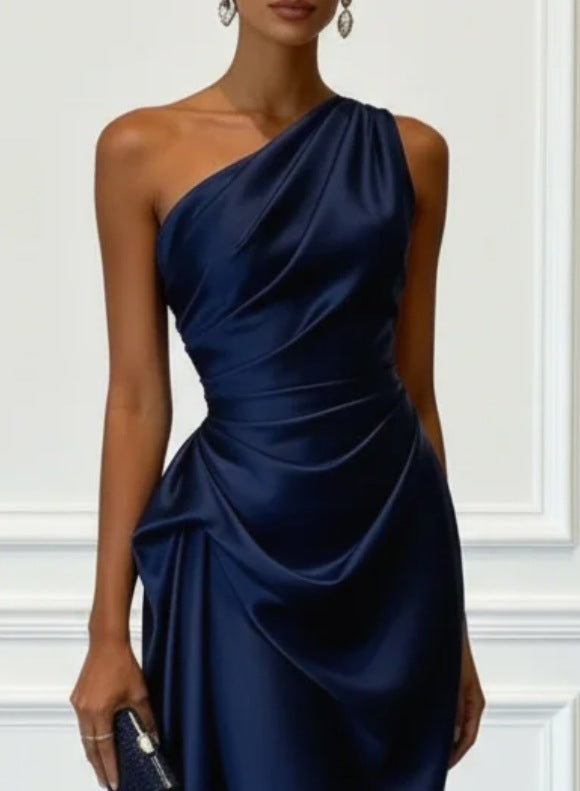 Multi-Color One-Shoulder Satin Midi Dress | Ruched Elegant Party Cocktail Dress