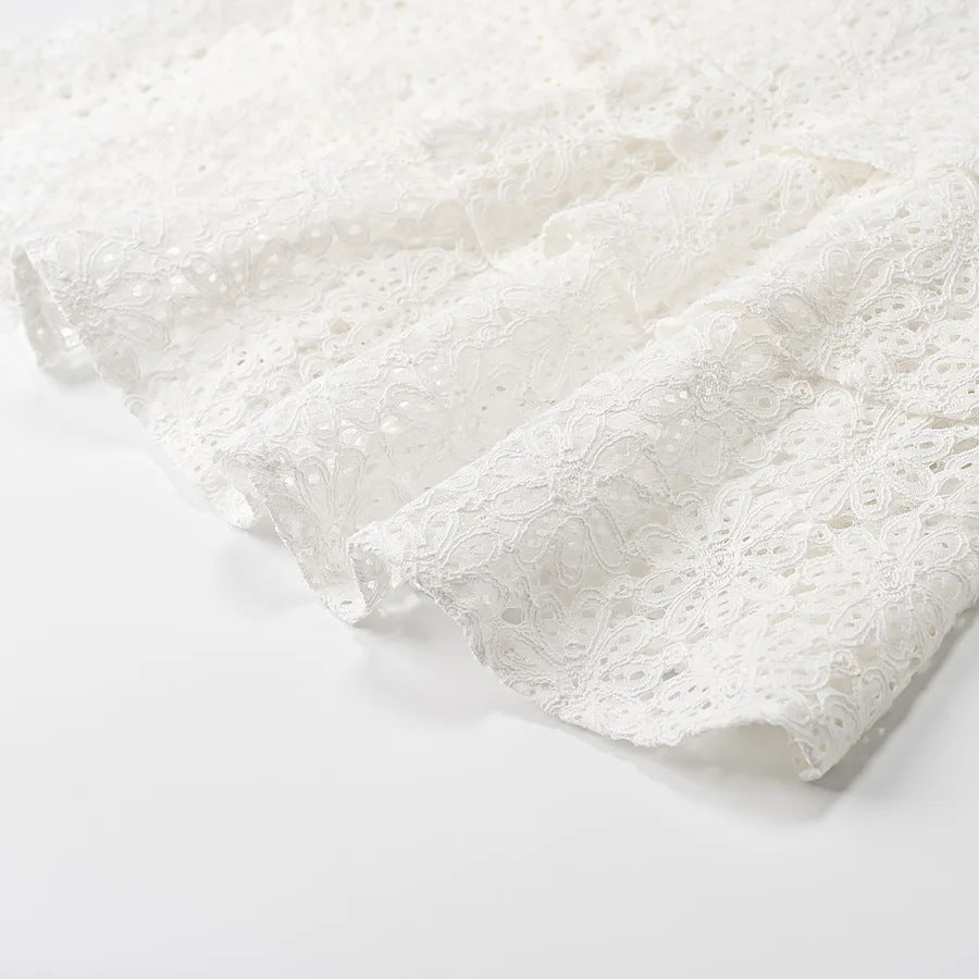 V-Neck Puff Sleeve Tie Lace Tiered Mini Dress | White Broderie Anglaise Babydoll