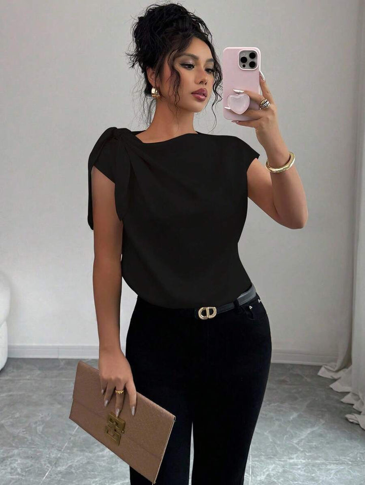 Multi-Color Asymmetrical Neck Satin Blouse with Bow Detail, Elegant Short-Sleeve Top for Women