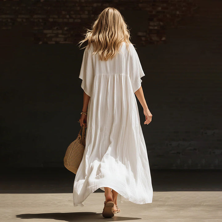 Solid color loose-fitting beach vacation long V-neck dress