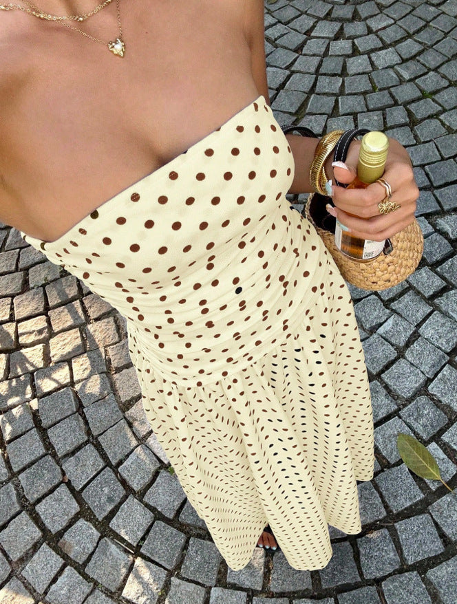 White Polka Dot Strapless Ruched Maxi Dress