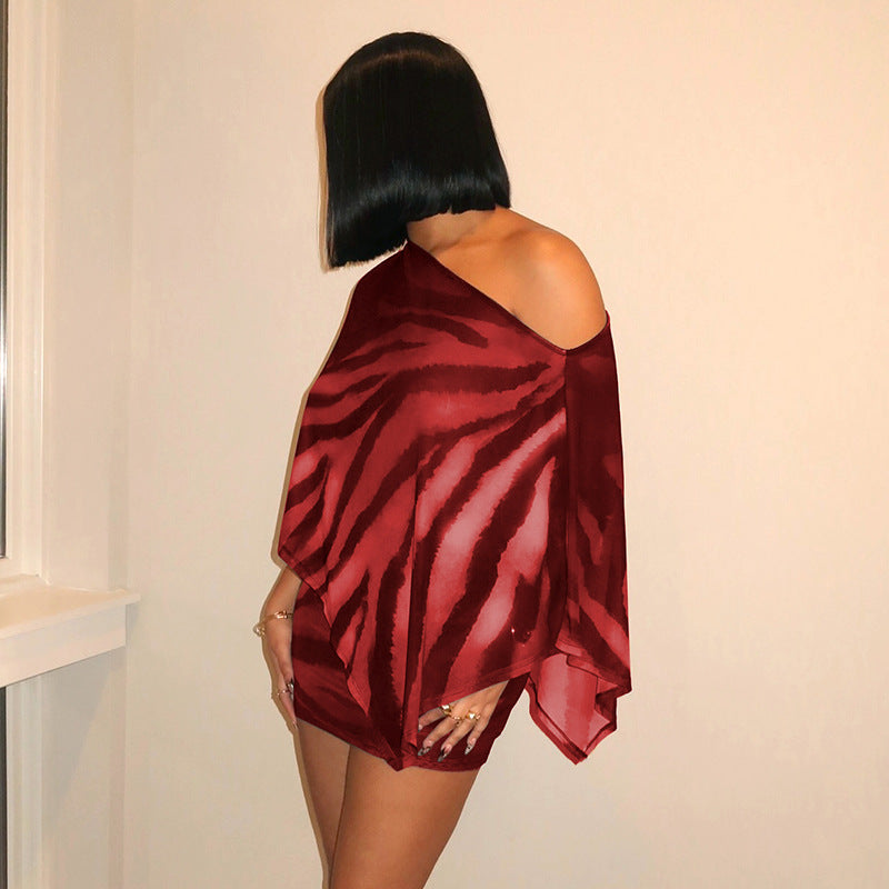 Abstract Print Mesh Off-Shoulder Two-Piece Mini Dress Set