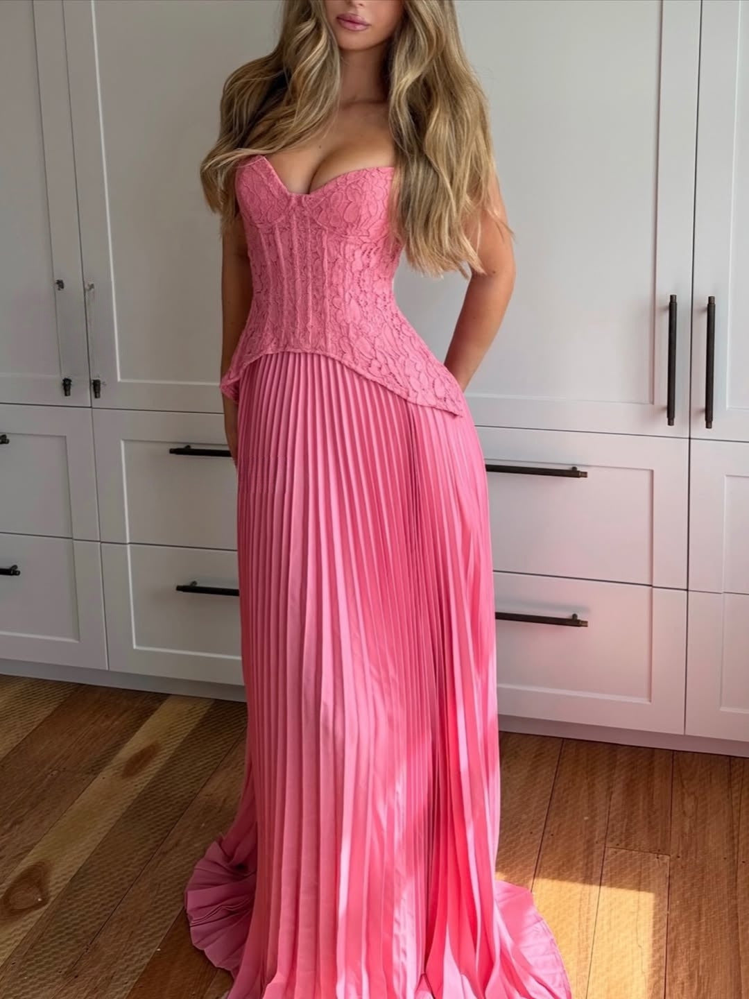 Olive Green Lace Halter Pleated Maxi Dress