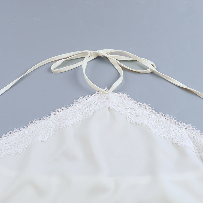 Halter Neck Satin Lace Trim Cami Top | Cream Open Back Sleeveless Blouse
