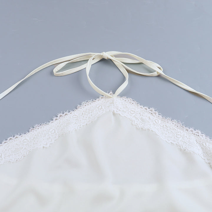 Halter Neck Satin Lace Trim Cami Top | Cream Open Back Sleeveless Blouse