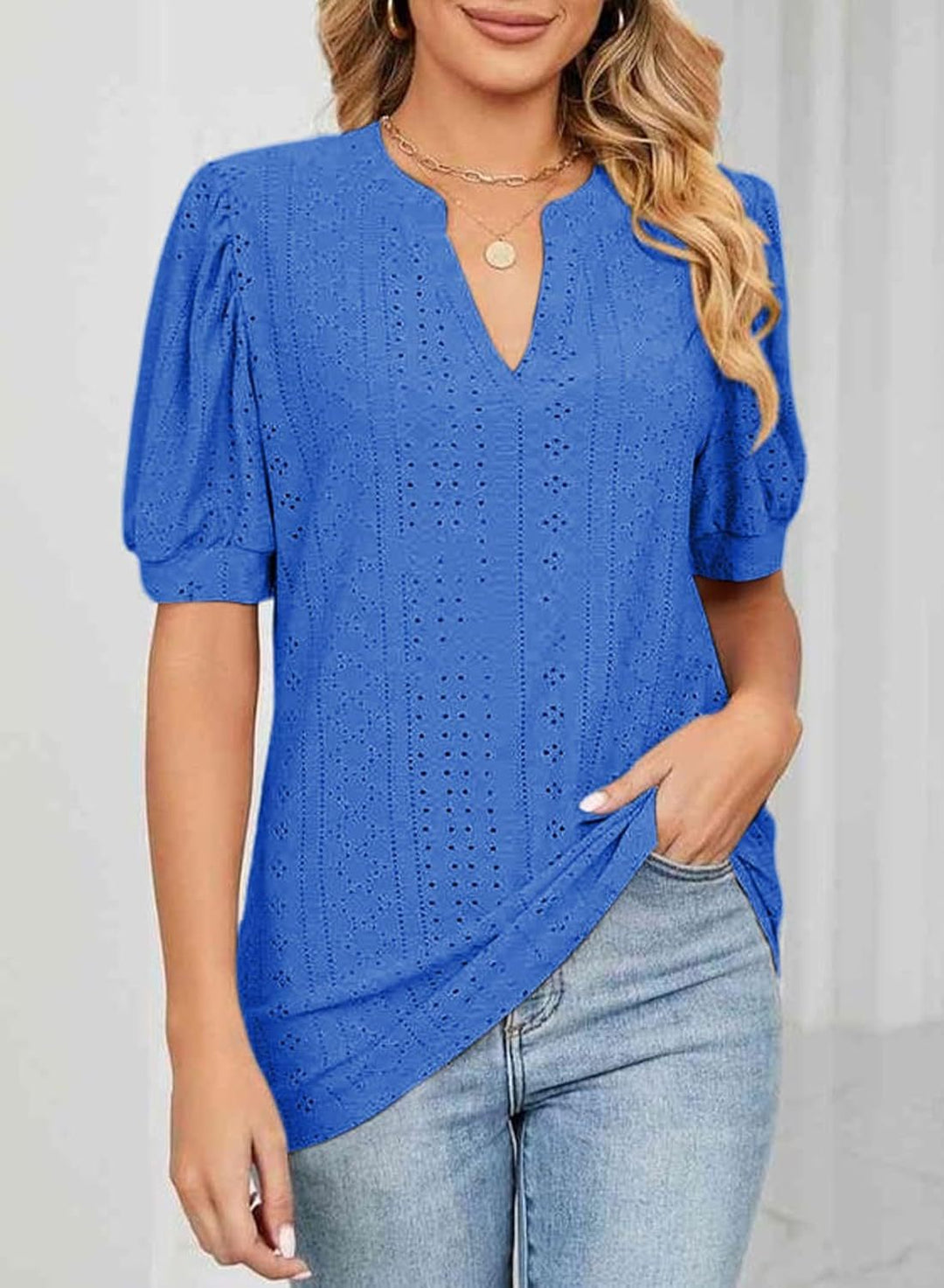 Eyelet Puff Sleeve Split Neck Blouse