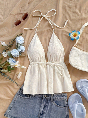 Deep V Halter Tie Front Peplum Crop Cami Top | Cream Textured Romantic Crop