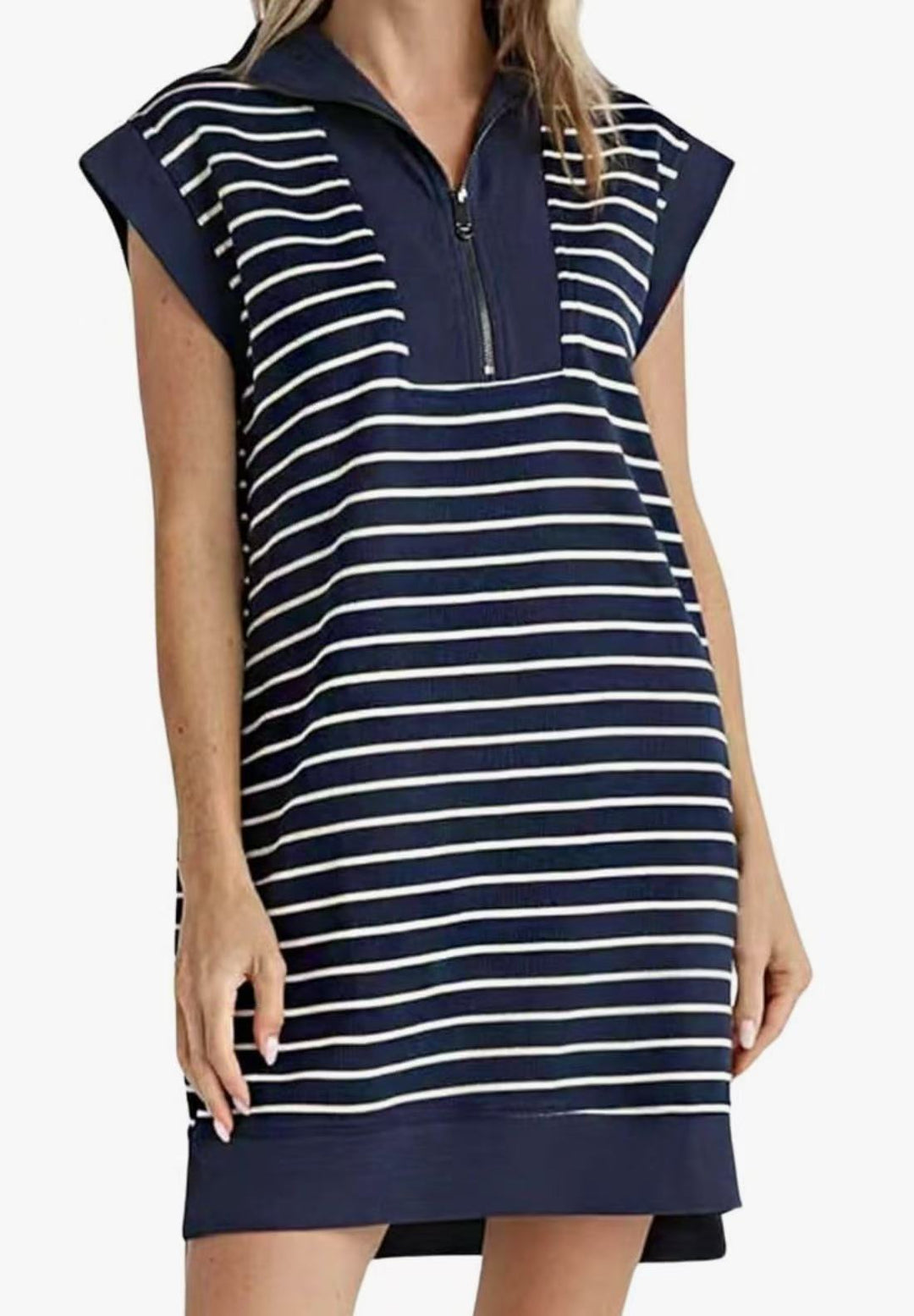 Breton Stripe Half-Zip Cap Sleeve Shift Dress