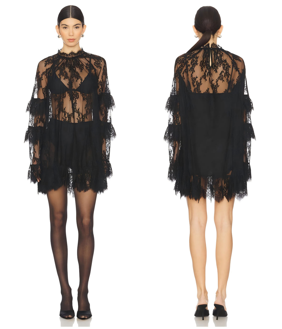 Sheer Lace Mini Dress Cover-Up, Ruffled Bell Sleeve High-Neck Tunic