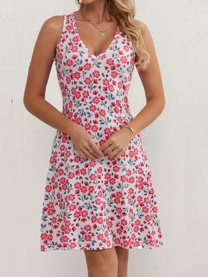V-Neck Sleeveless Floral A-Line Midi Dress | Pink Cherry Blossom Romantic Midi