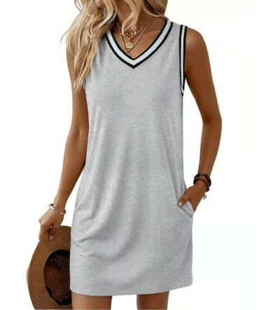 Contrast Piping Sleeveless V Neck Mini Athletic T-Shirt Dress With Pockets