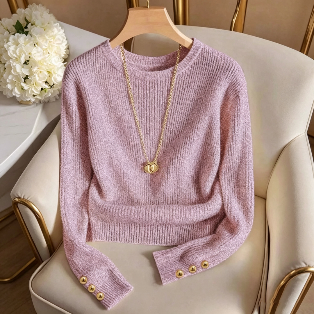 Crew Neck Long Sleeve Button Knit Sweater