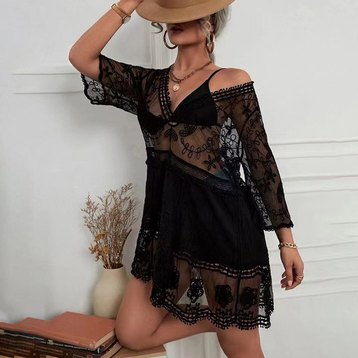 V-neck lace embroidered cover-up