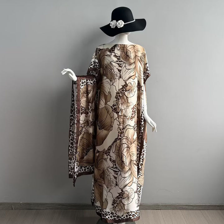 Elegant Casual Loose Fit Maxi Dress with Headscarf Two Piece Fashion Set