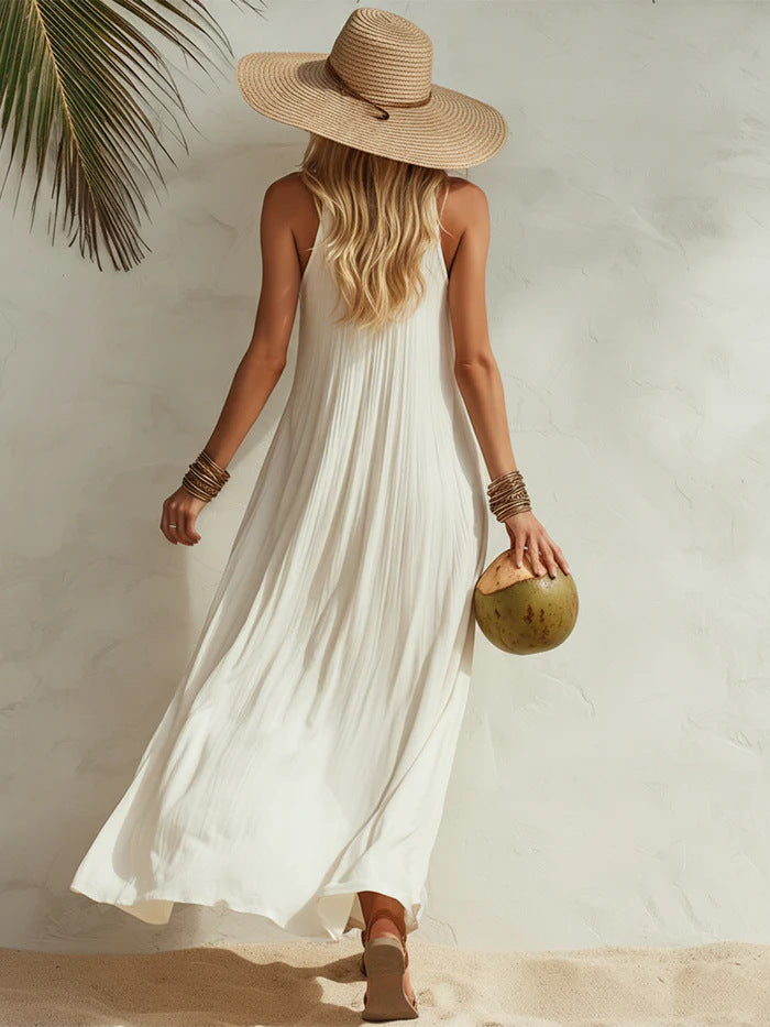 White Sleeveless Crinkled Linen-Blend Maxi Dress