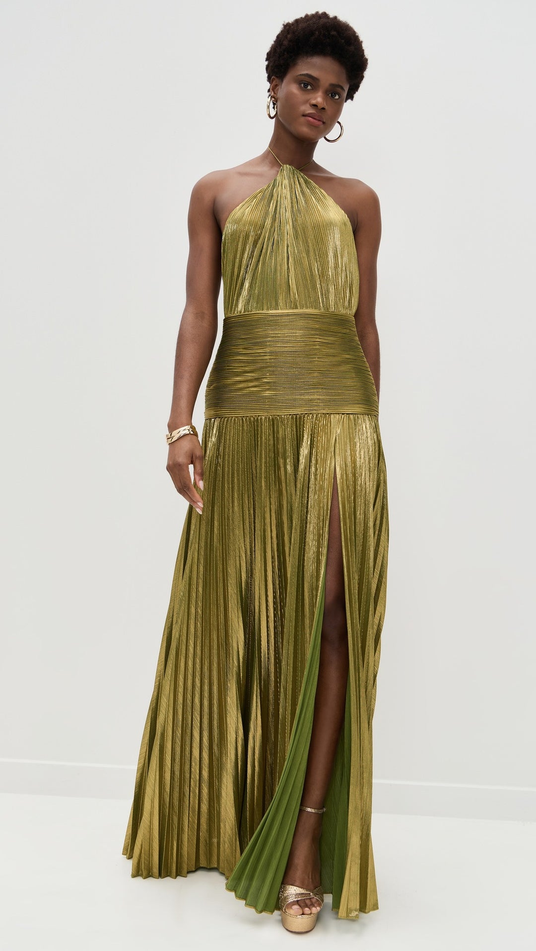 Metallic Olive Green Halter Neck Pleated Gown with High Slit