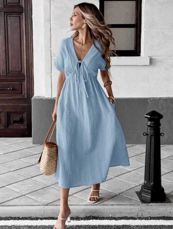Crinkle Texture Tie Front V Neck Short Sleeve Midi Swing Dress With Pockets