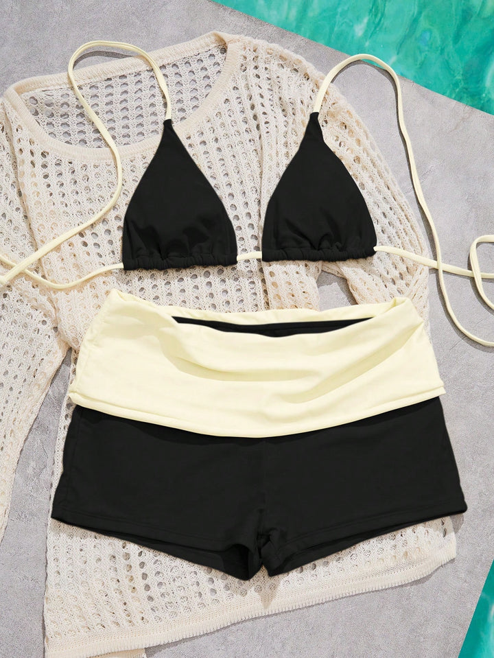 Color-Block Triangle Bikini Set with Boyshort Bottom