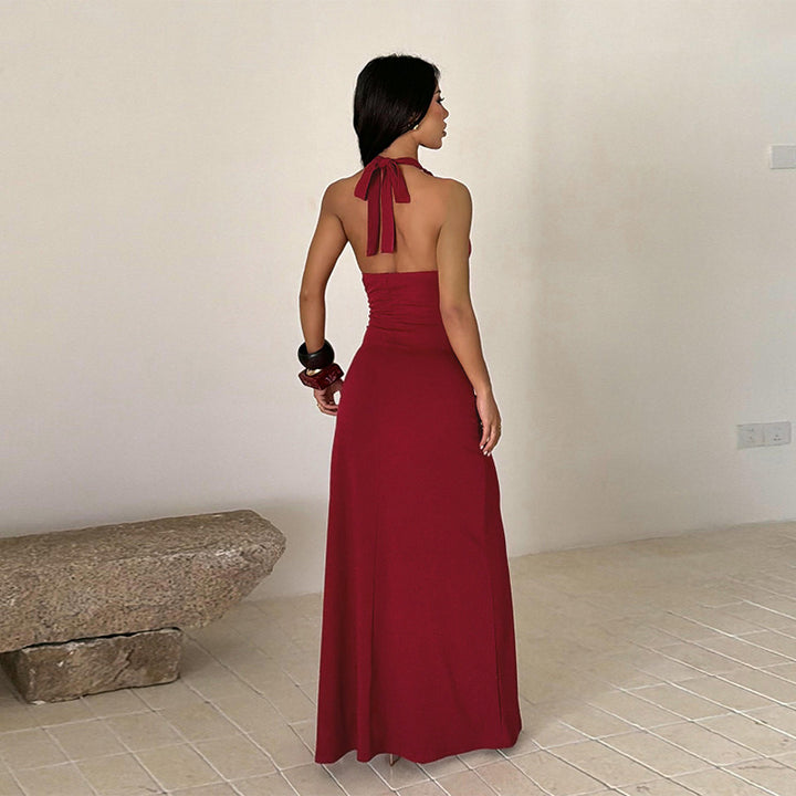 Halter Neck Ruched Slit Maxi Dress