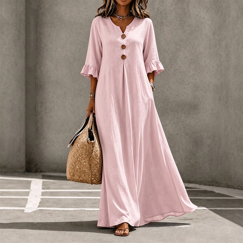 V-neck woven button-down ruffle sleeve long dress