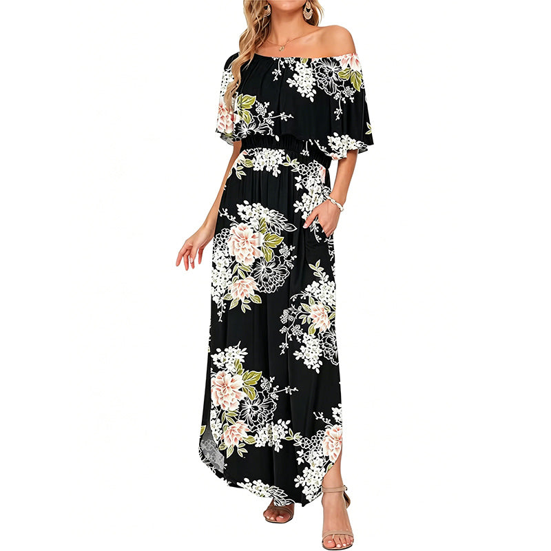 Printed off-shoulder short-sleeved long dress