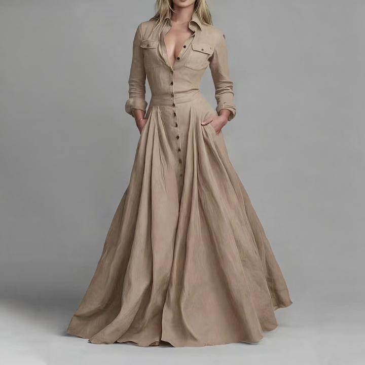 Waist Defined Button Front Maxi Shirt Gown