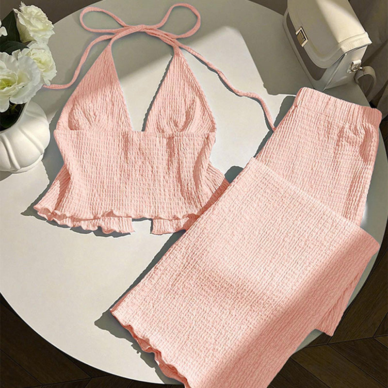Halter-neck textured top and trousers set